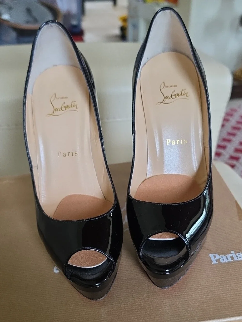 Christian Louboutin Black Patent Peep-Toe Platform Heels